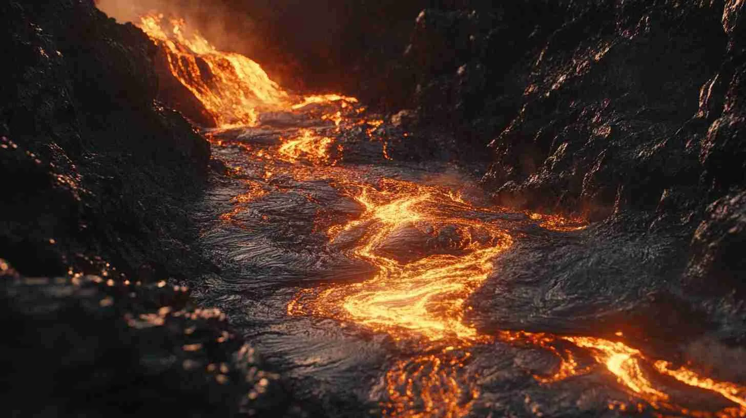Molten lava flowing through dark volcanic rock